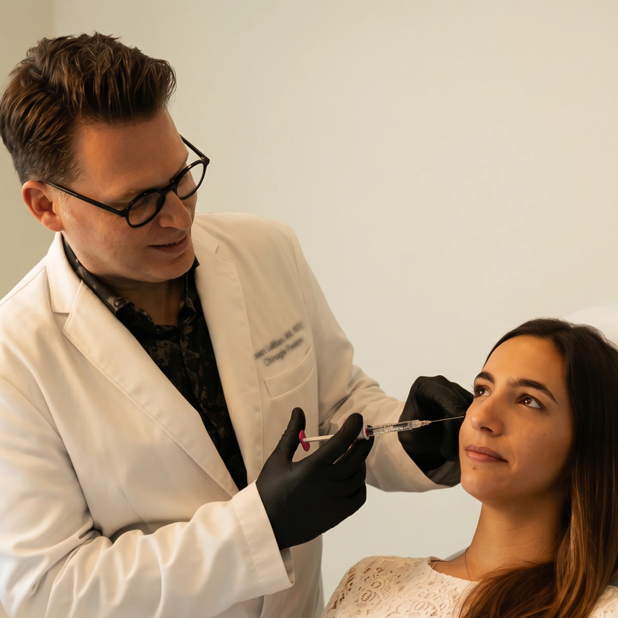 Physician performing a cosmetic injectable treatment using dermal fillers, Sculptra, Radiesse, Botox Cosmetic, Dysport, or Xeomin for facial rejuvenation and wrinkle reduction.