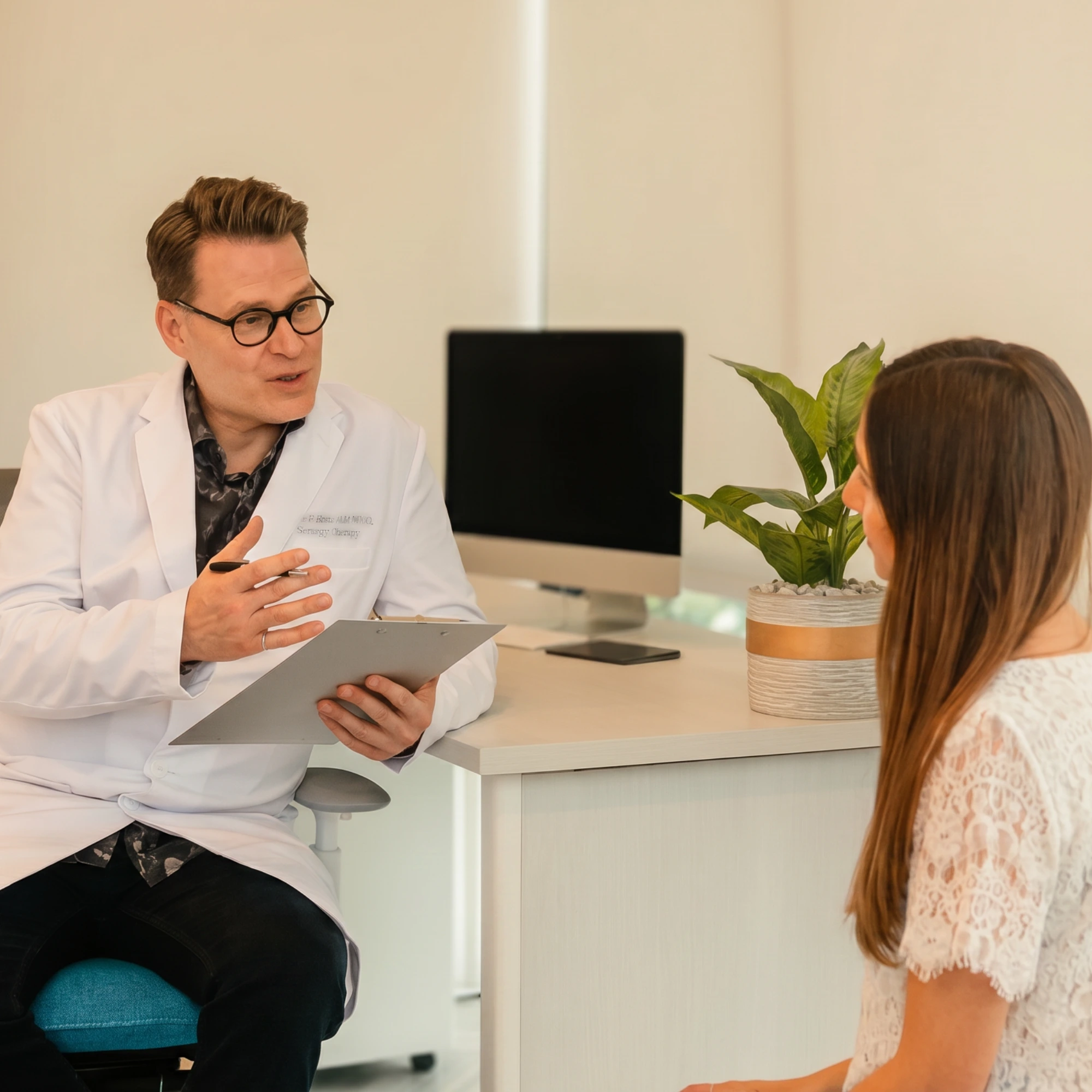 Plastic surgeon consulting with a patient during a personalized aesthetic treatment assessment at Victoria Park Medispa.