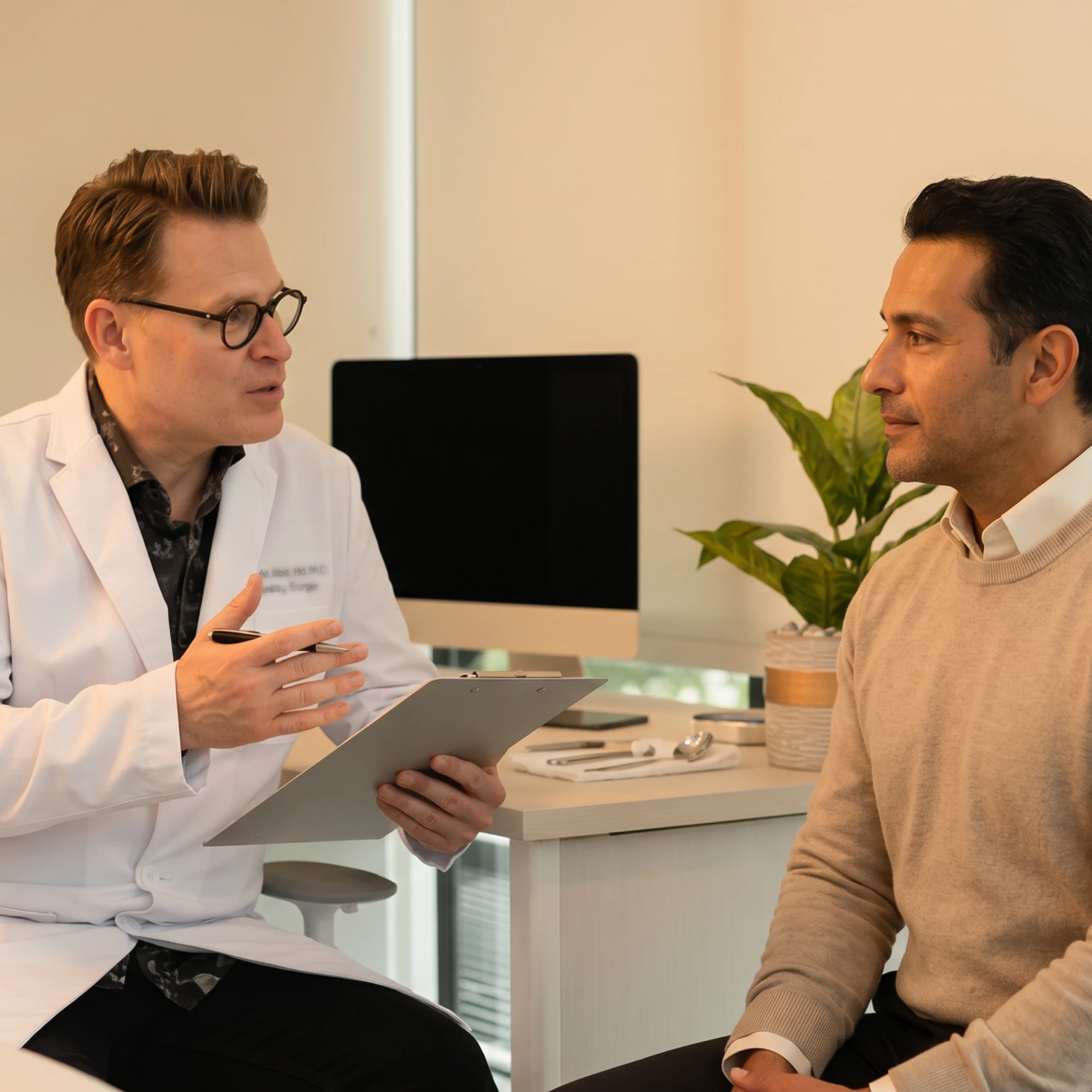 Men’s aesthetic consultation with a physician discussing facial rejuvenation, skin concerns, and individualized treatment recommendations.