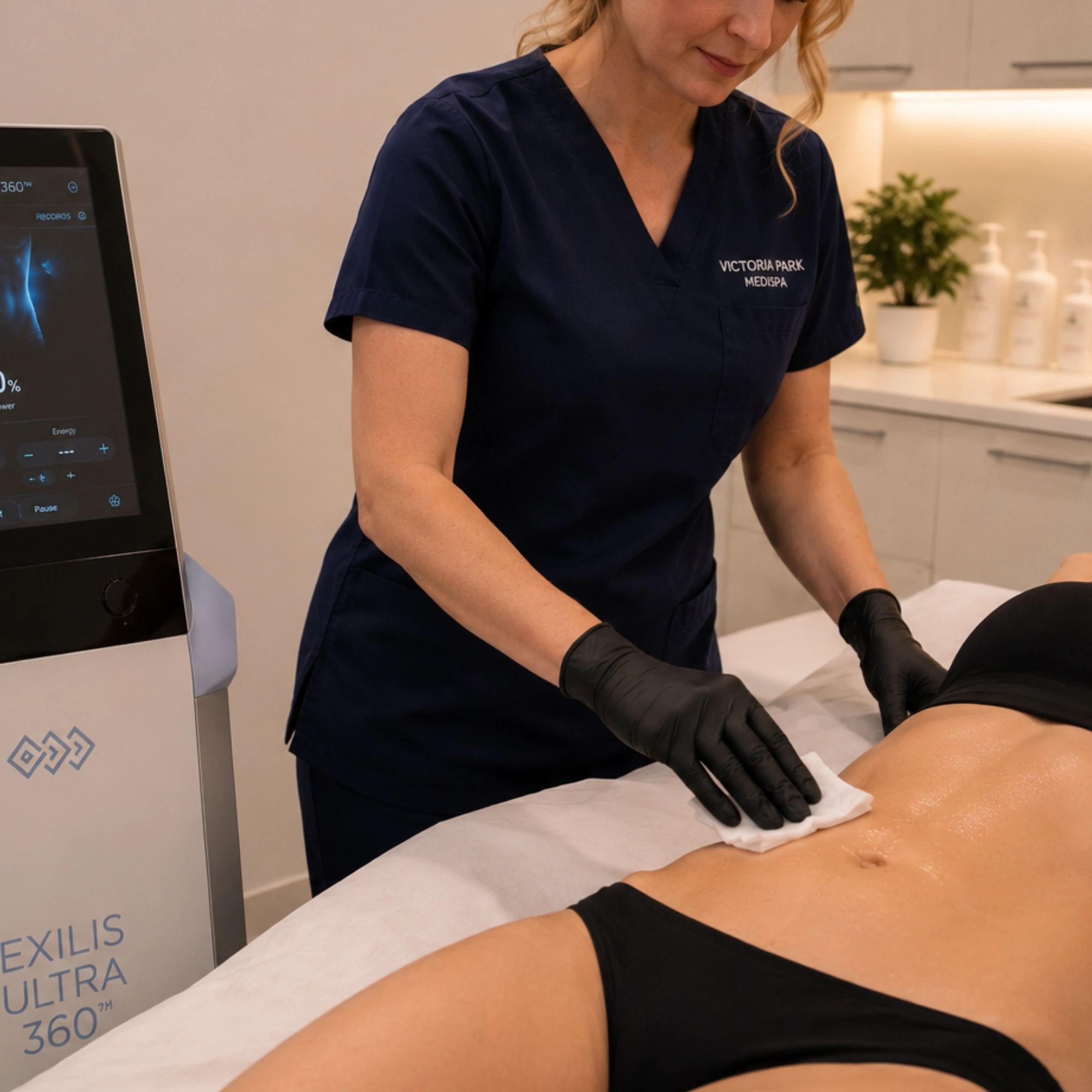 Preparation for Exilis Ultra abdominal skin tightening treatment to improve skin laxity and body contouring.