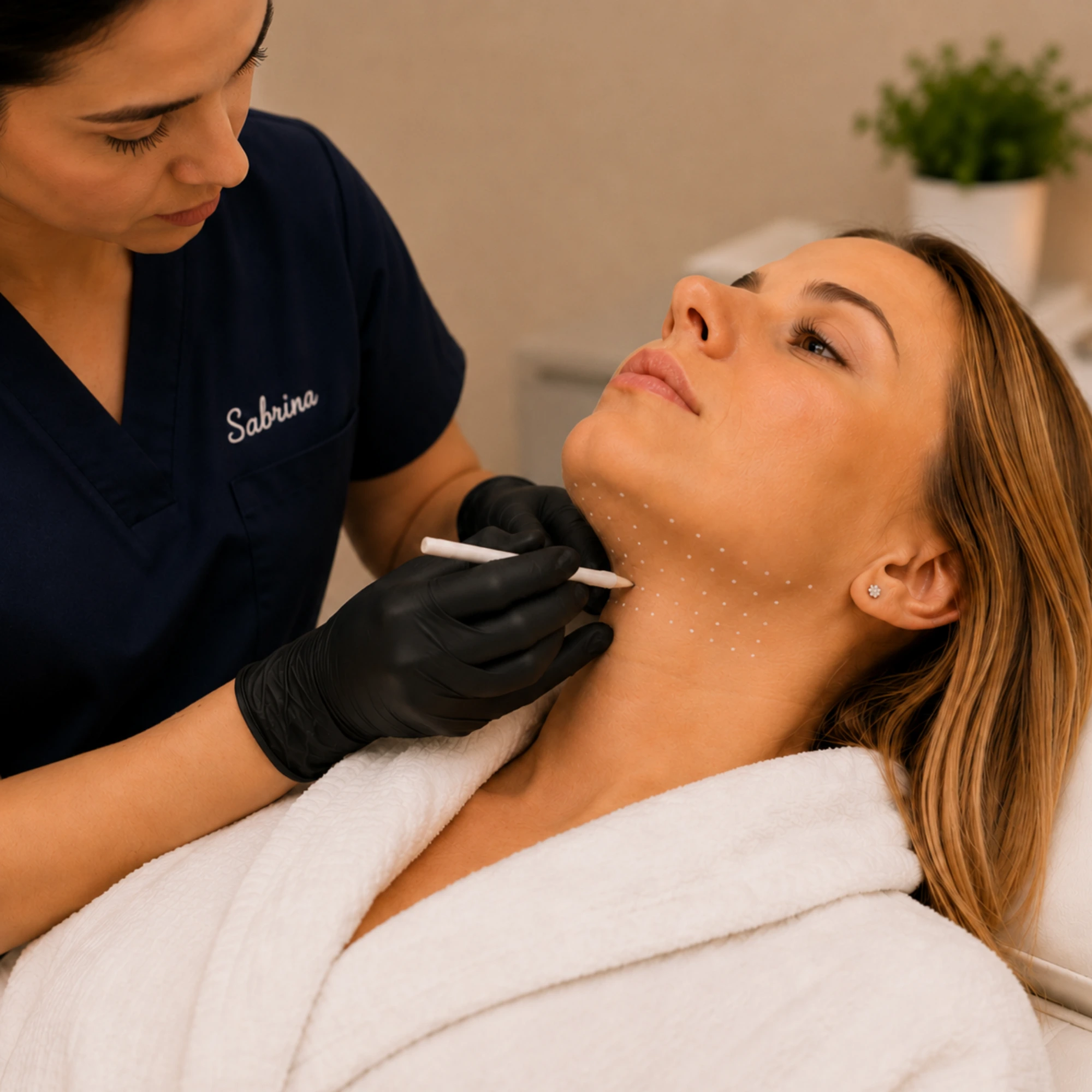 Belkyra. A medical aesthetics practitioner marks the jawline and chin area to assess and prepare for a cosmetic injectable treatment.