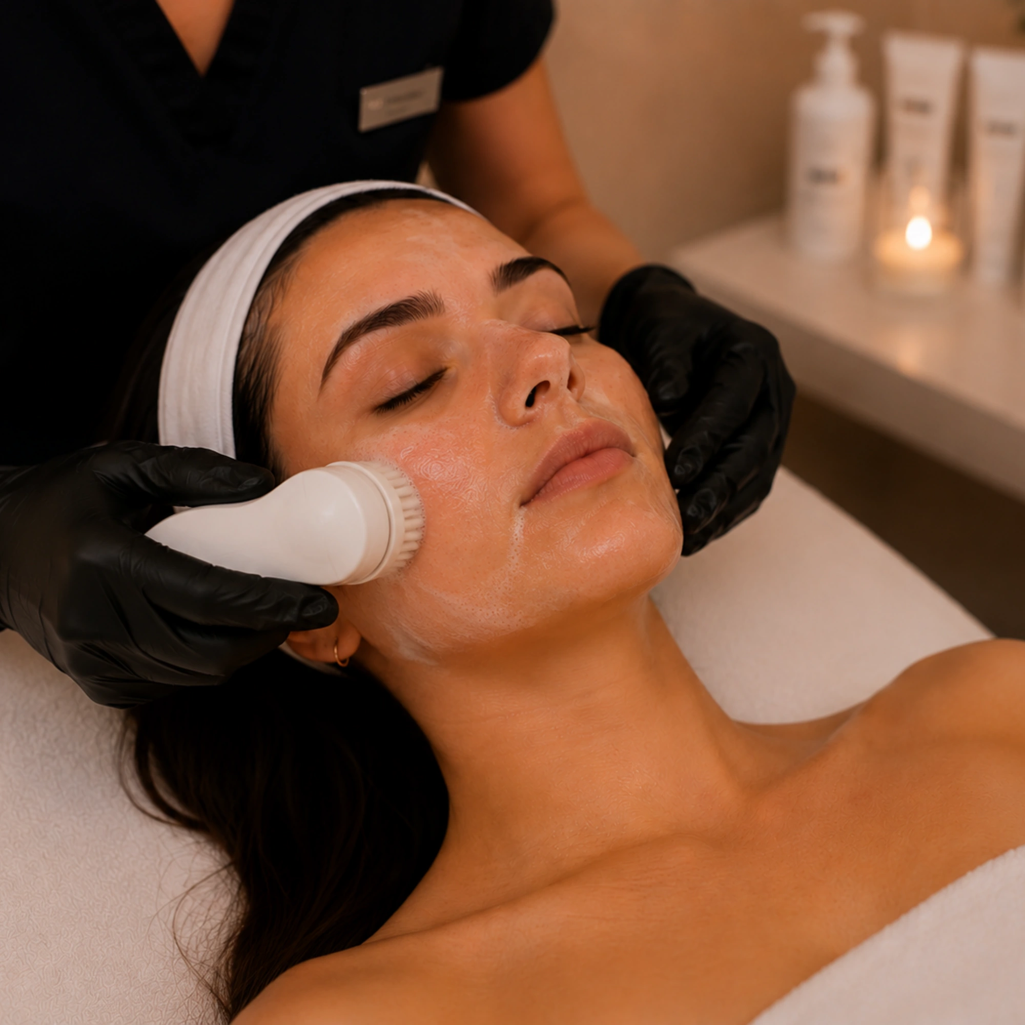 Medical aesthetician performing a deep facial cleansing treatment as part of a professional skin rejuvenation protocol.