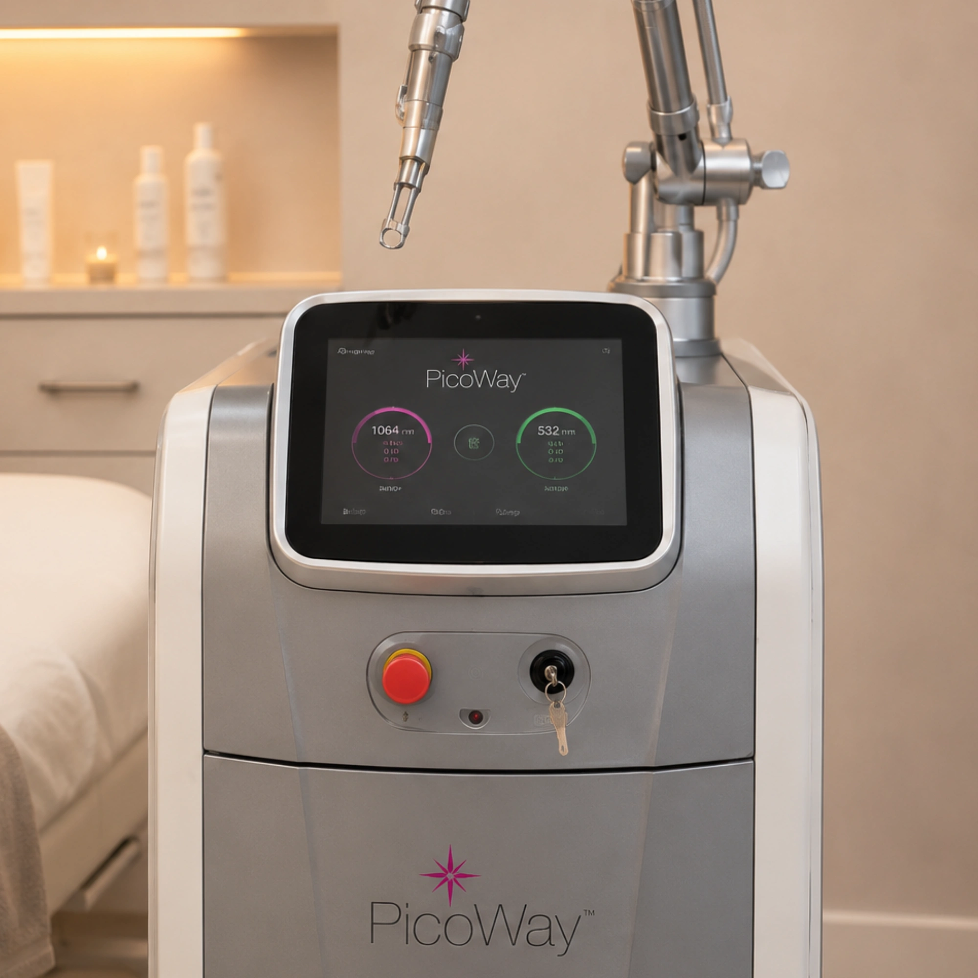 PicoWay® laser tattoo removal device displayed in a treatment room, featuring advanced picosecond laser technology for tattoo removal and skin revitalization.