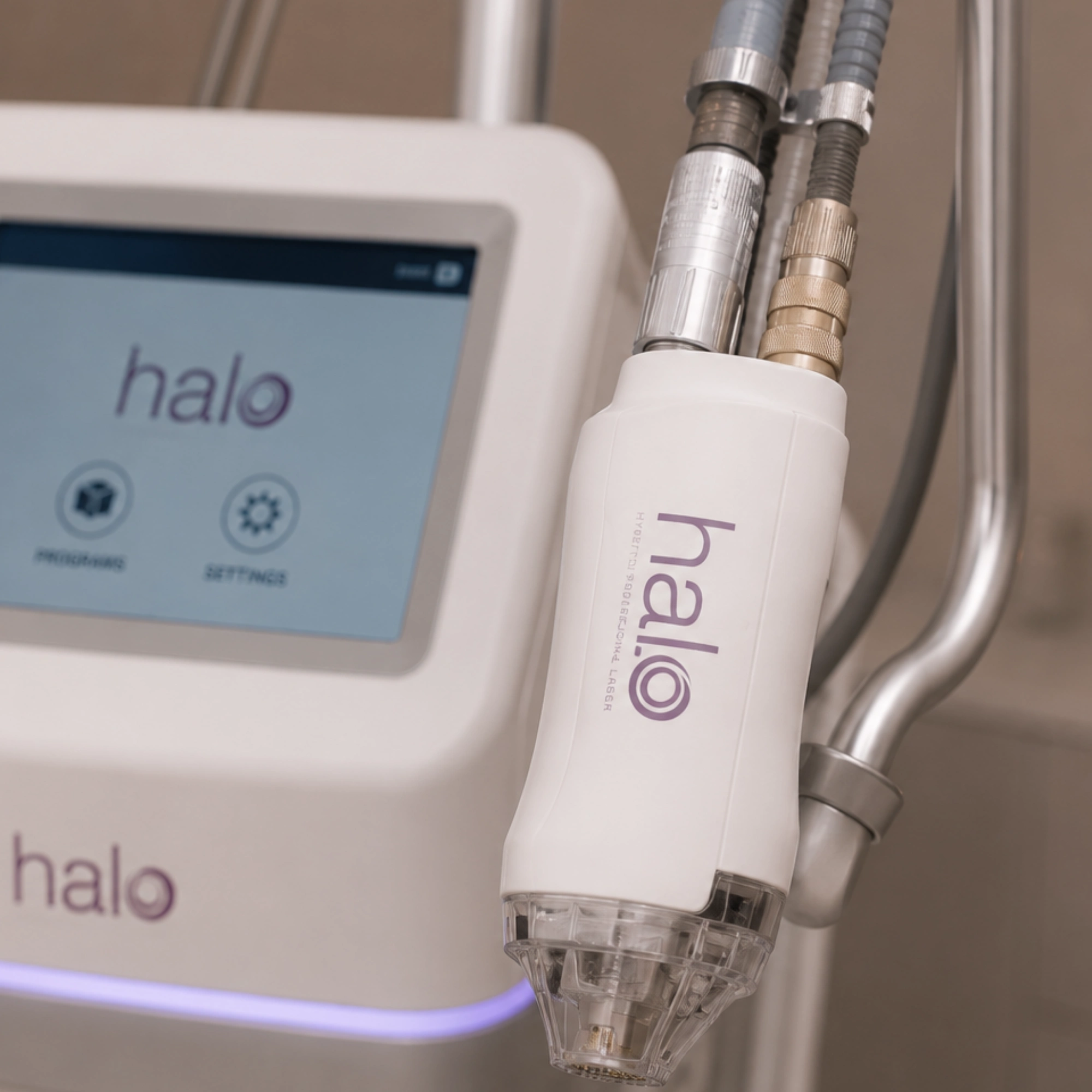 Close-up of the HALO® hybrid fractional laser device used for skin resurfacing and skin rejuvenation treatments.