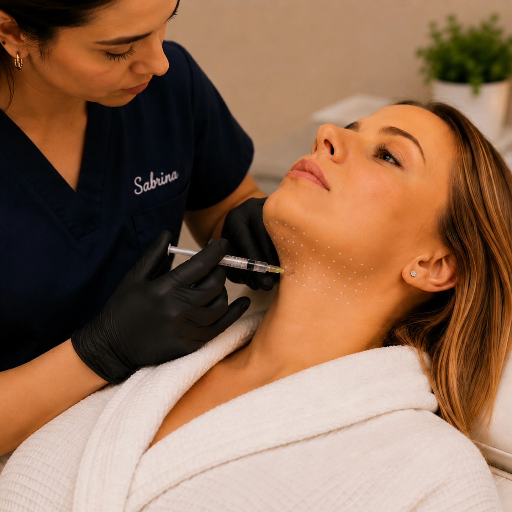 Belkyra. A trained provider administers a cosmetic injectable treatment to the chin and jawline area in a professional medical aesthetics setting.