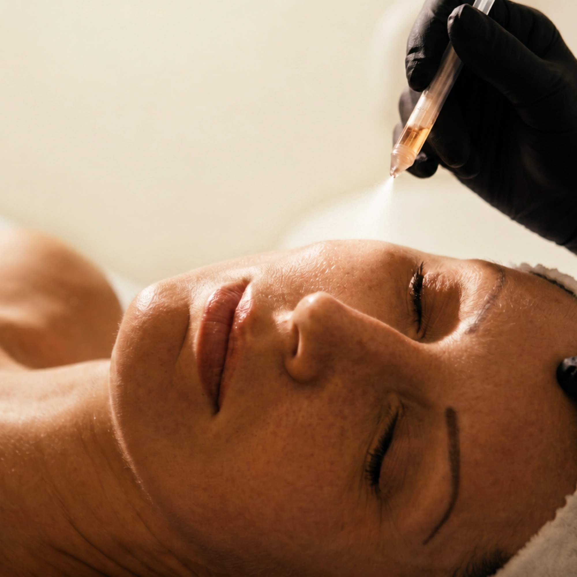 JetPeel facial treatment delivering a fine mist of nutrient-rich serum onto the skin to deeply hydrate, refresh, and rejuvenate the complexion.