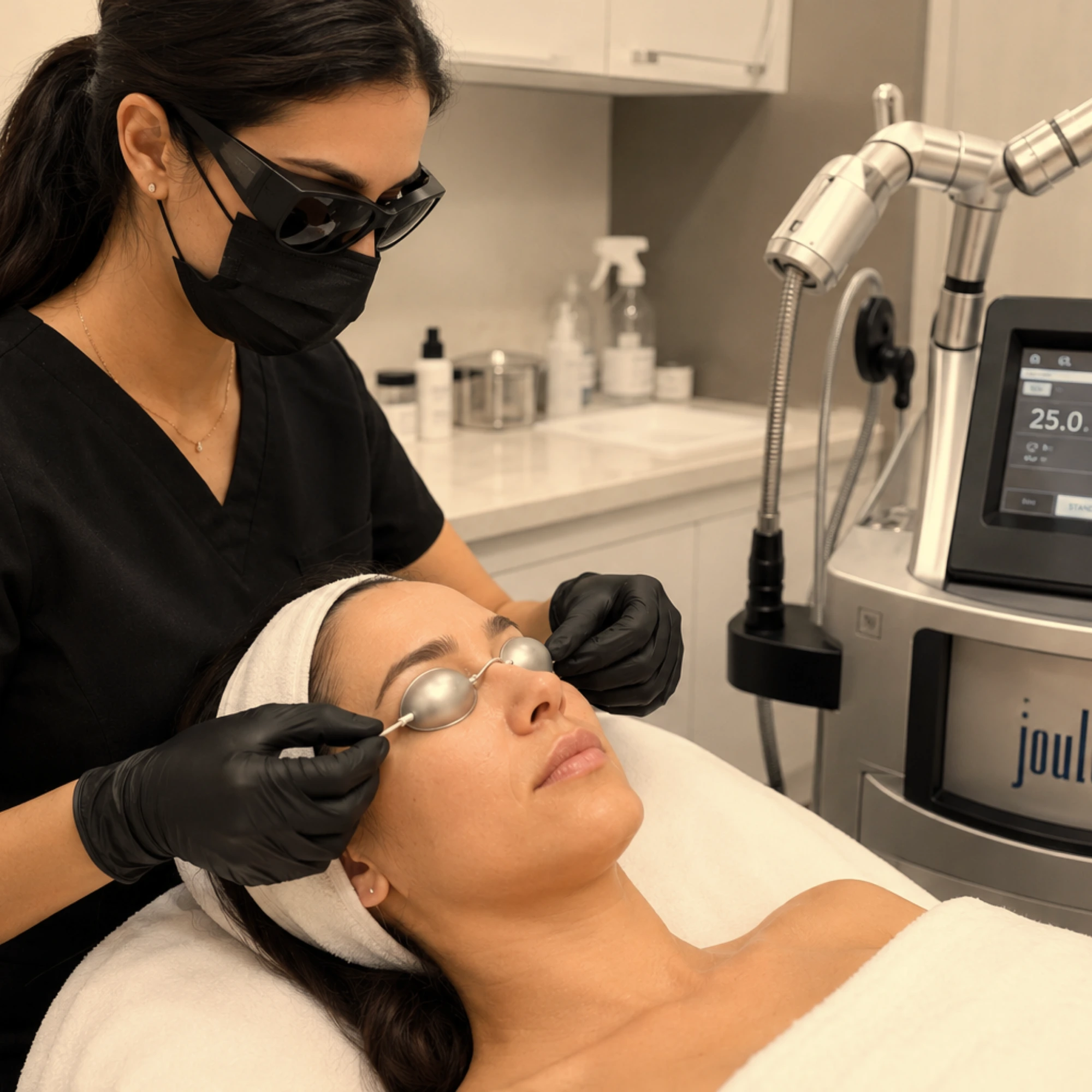 Patient wearing protective metal eye shields while a provider wearing black gloves prepares the skin before a fractional CO2 laser skin resurfacing treatment for wrinkles, acne scars, and skin rejuvenation.