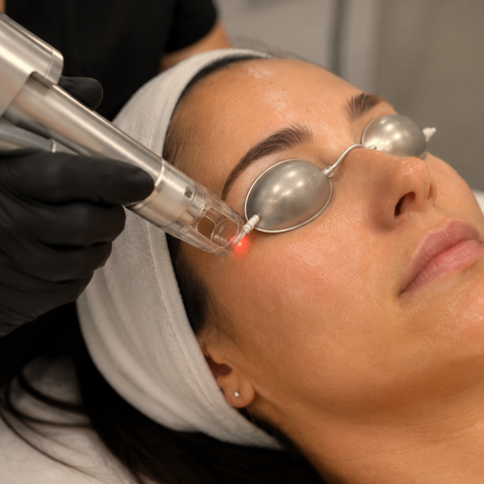 Close-up of a fractional CO2 laser treatment being performed on the face by a provider wearing black gloves to improve acne scars, fine lines, wrinkles, skin texture, and stimulate collagen production.