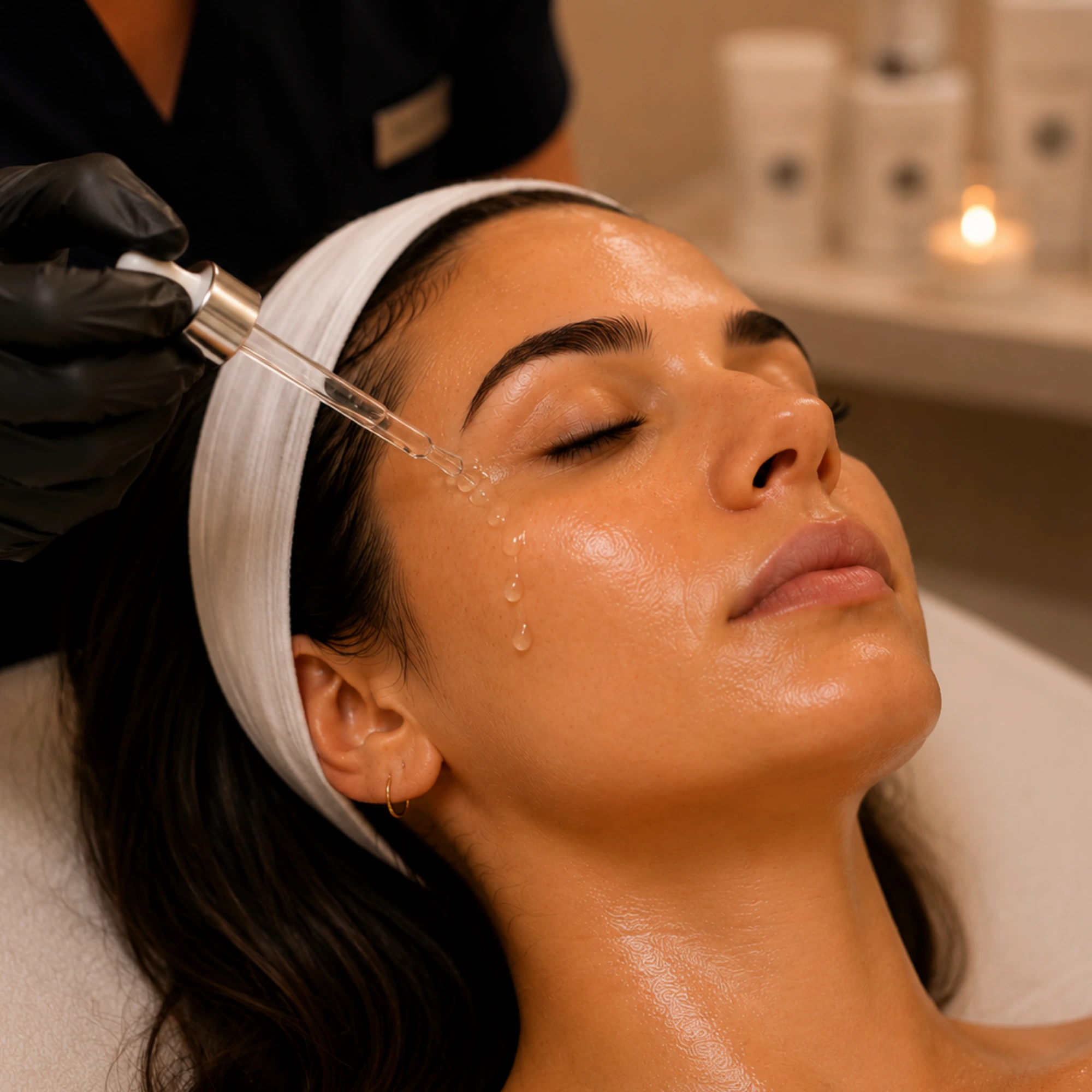 A skincare professional applies a facial serum with a dropper to a client’s skin during a professional skincare treatment.