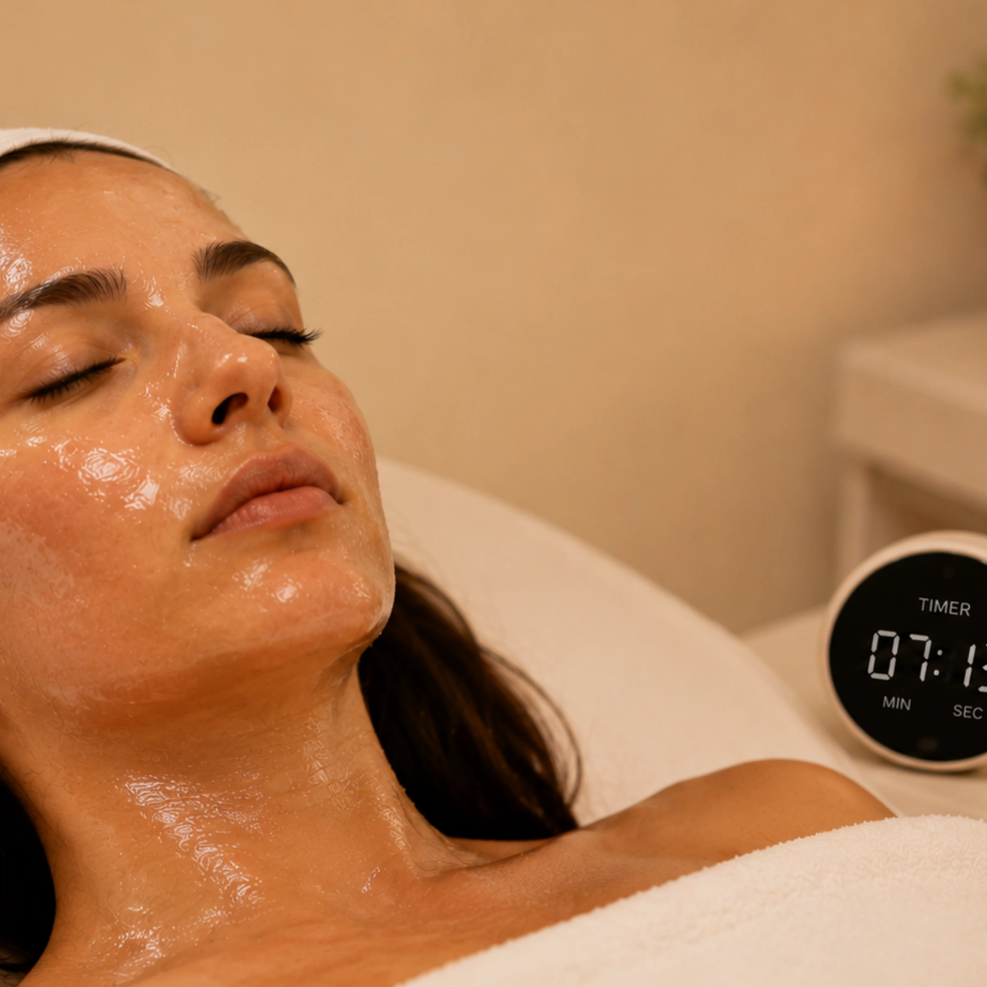 A client relaxes while a hydrating facial mask remains on the skin during a professional skincare treatment at a medical spa.