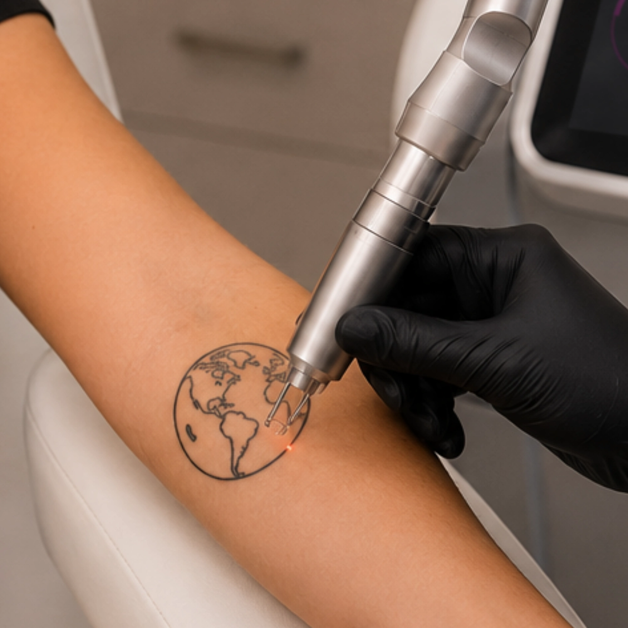Close-up of a PicoWay® laser tattoo removal treatment being performed on a forearm tattoo, targeting ink particles with precise picosecond laser energy.