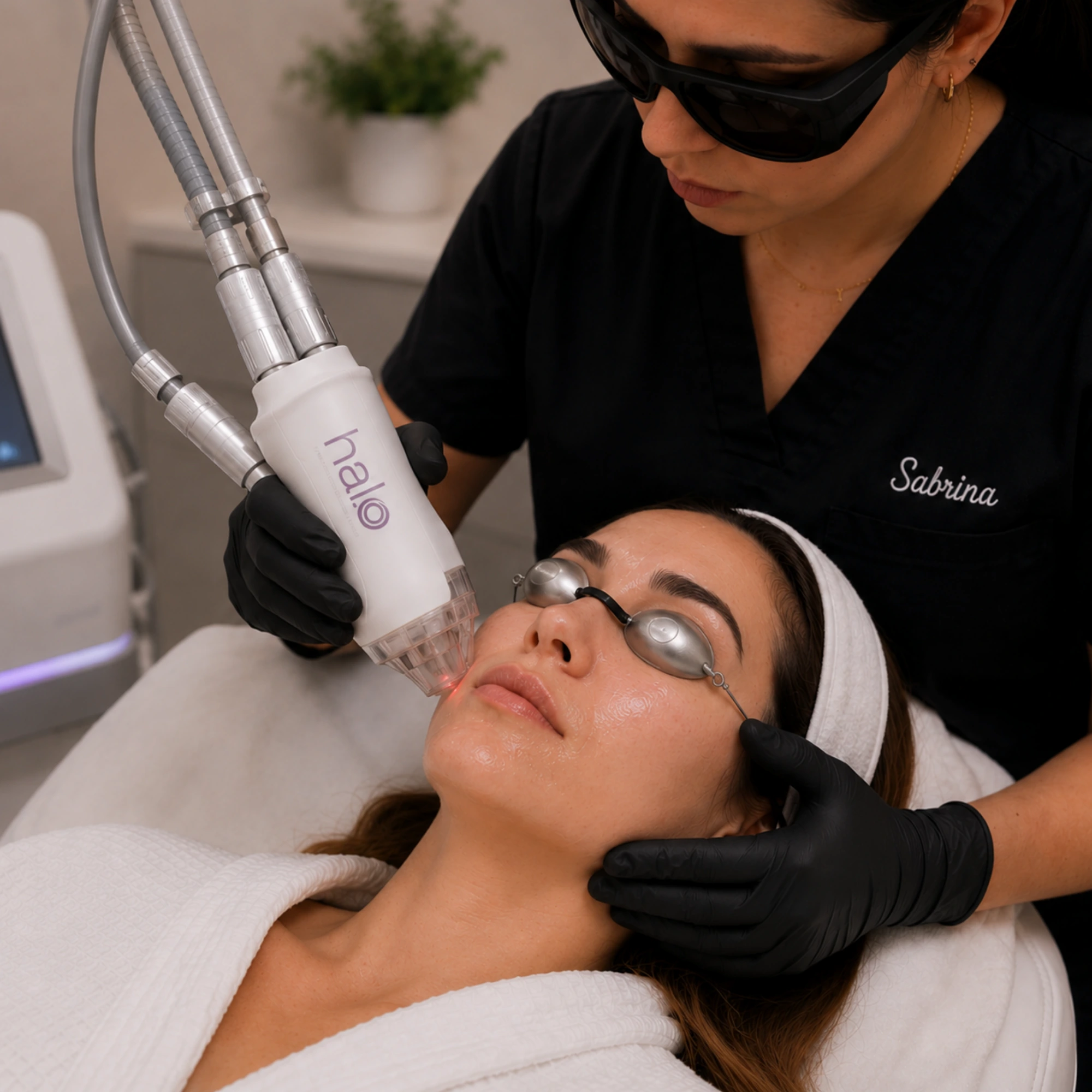 Provider performing a HALO® laser skin resurfacing treatment on a patient wearing protective eye shields during the procedure.