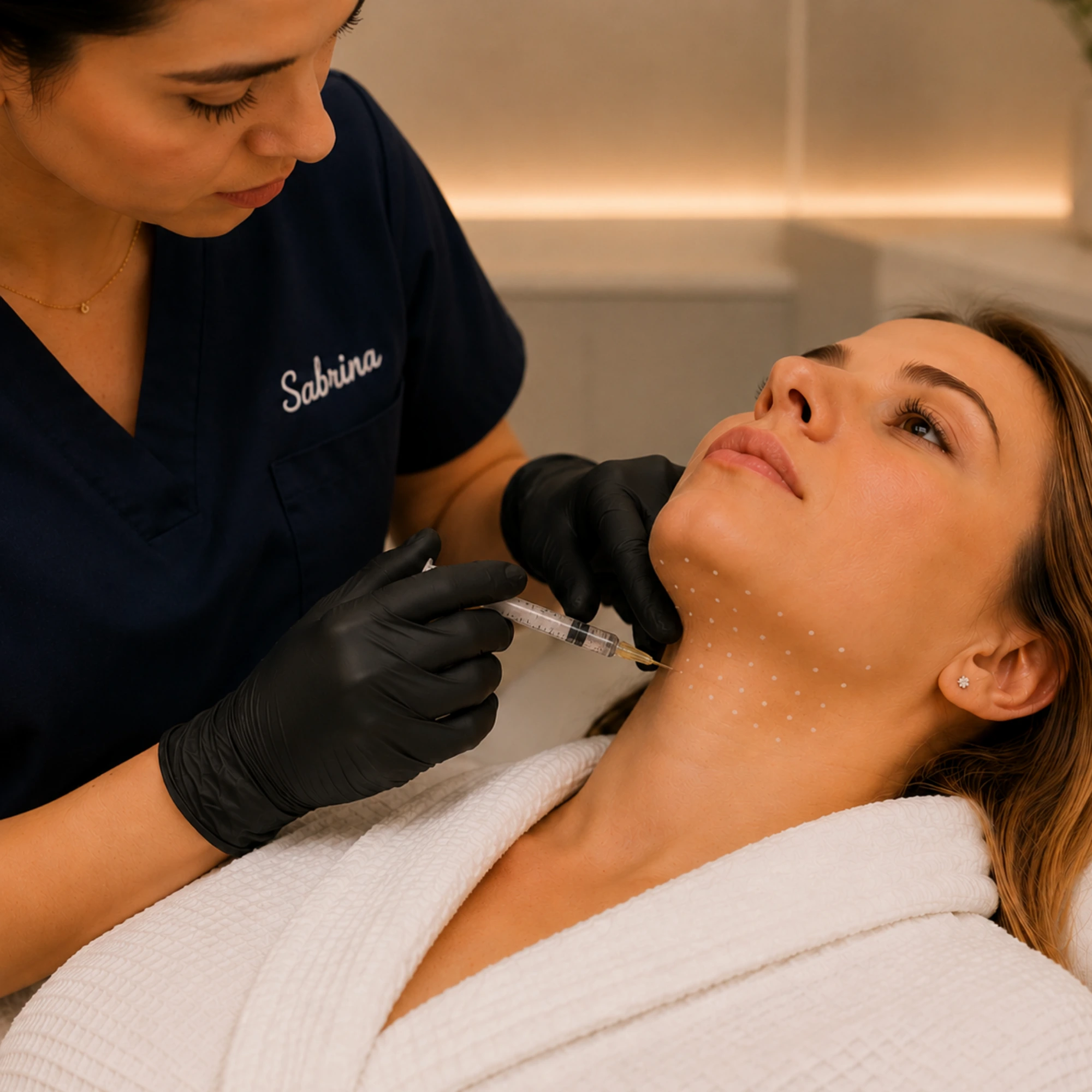 A medical aesthetics specialist performs a targeted injectable treatment beneath the chin to help improve facial contour and definition.