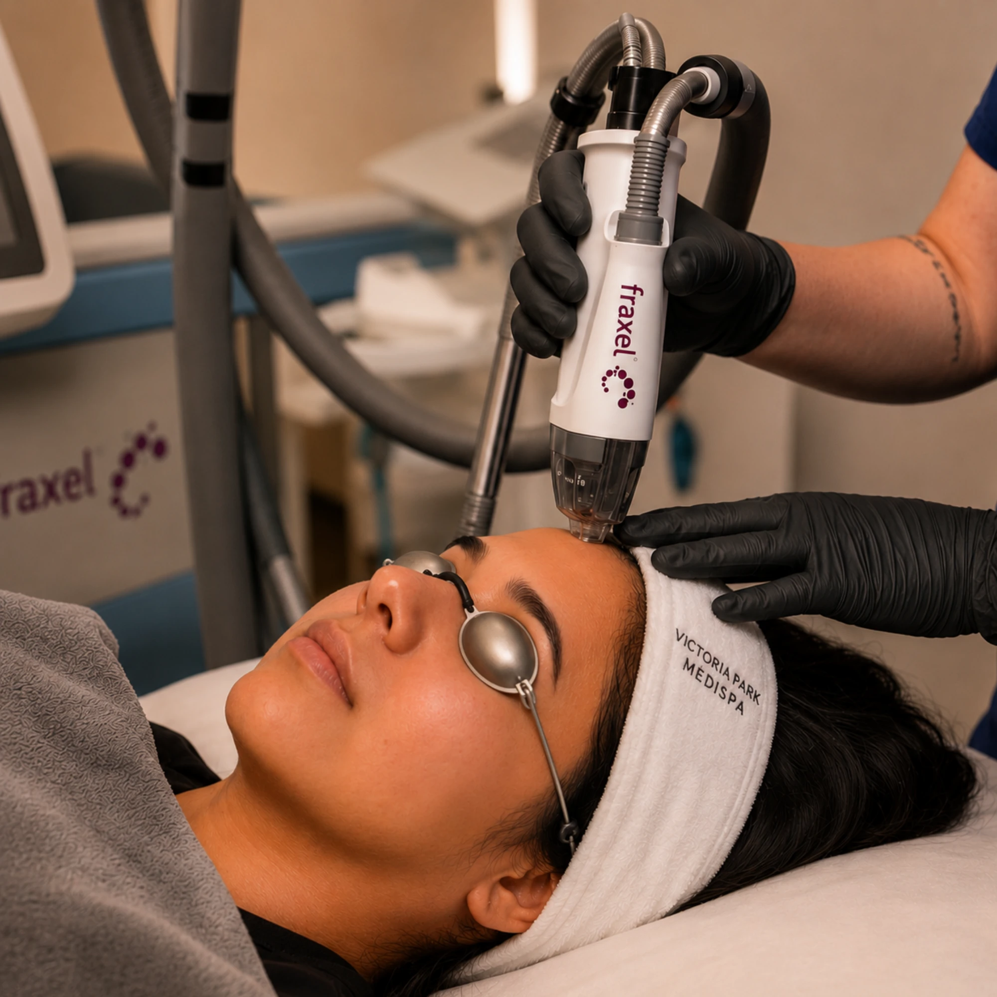 Provider performing a non-ablative Fraxel® laser treatment on a patient's forehead while protective eye shields are worn.