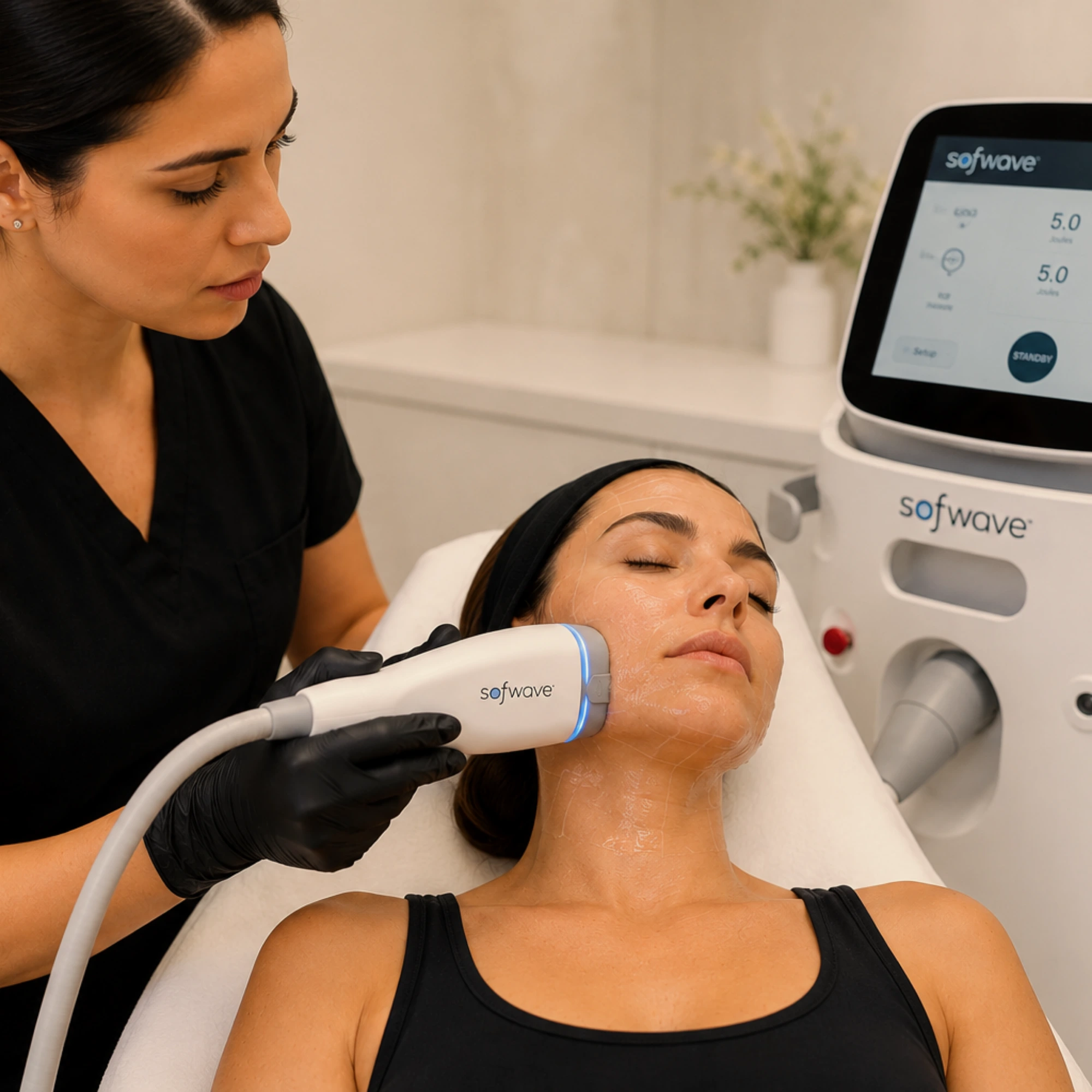 Female practitioner performing a Sofwave ultrasound skin tightening treatment on a patient using the Sofwave device to stimulate collagen production and improve skin firmness without surgery.