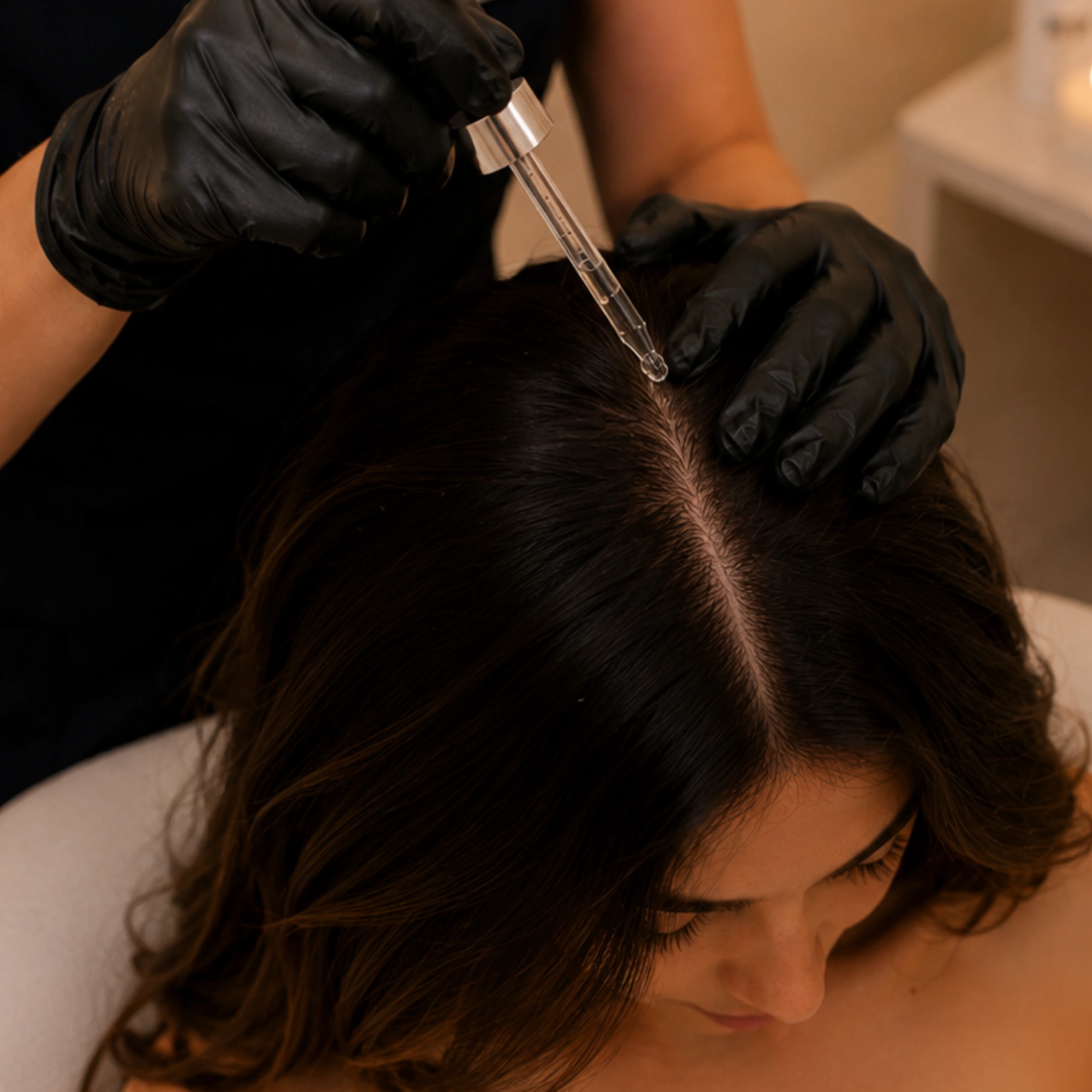 Exosome Therapy. A skincare specialist applies a serum to the scalp using a dropper as part of a professional hair and scalp care treatment.