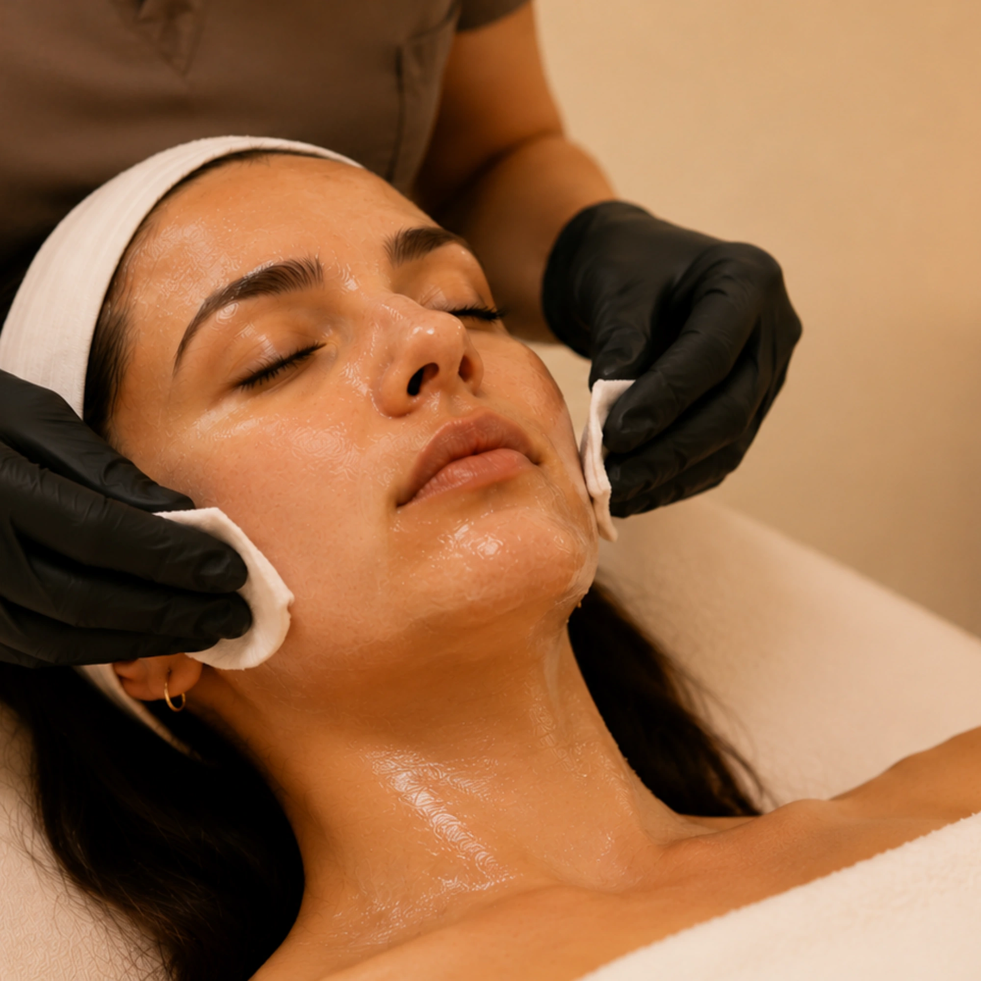 A skincare specialist gently removes a facial treatment mask using soft cotton pads as part of a professional facial care procedure.