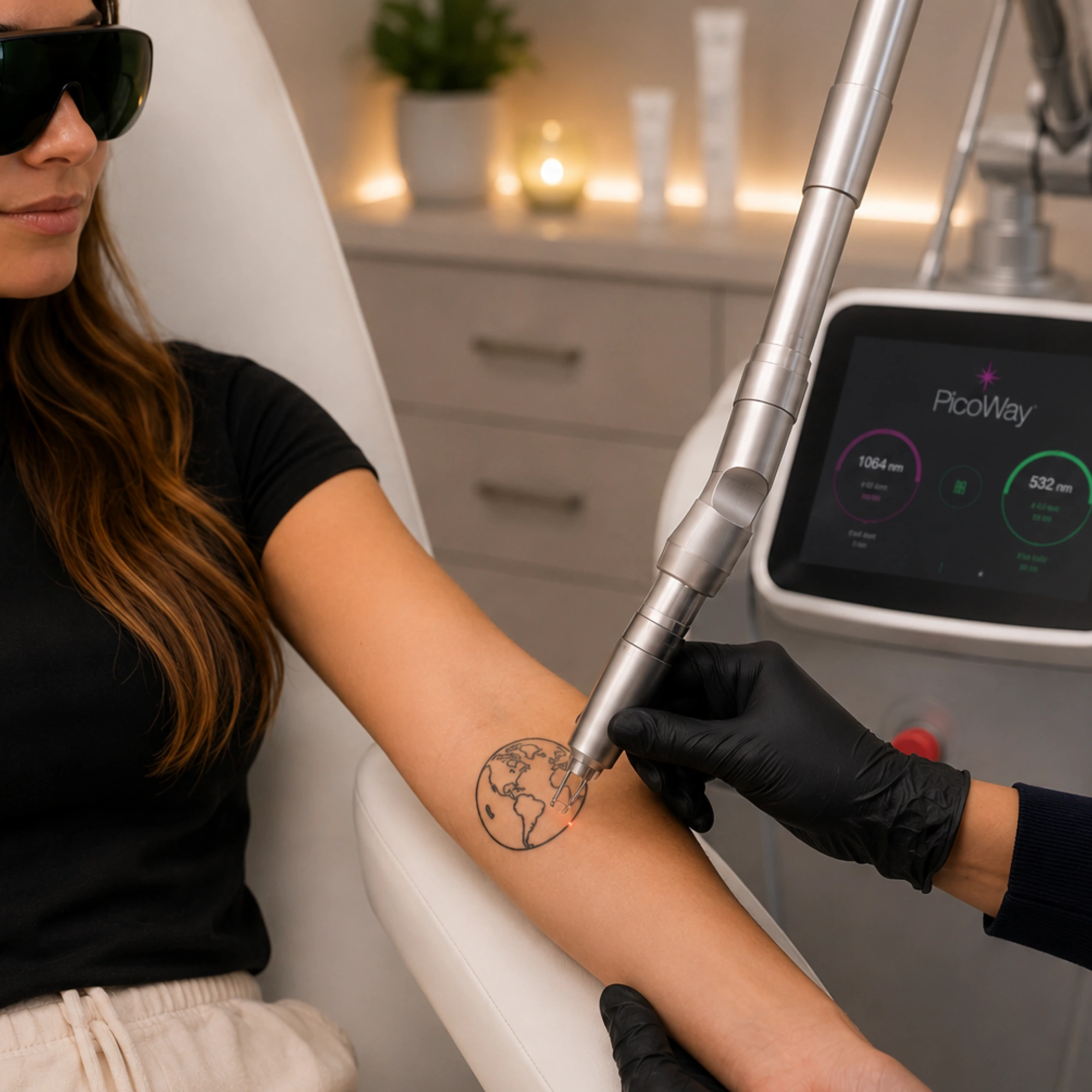 Provider performing a PicoWay® laser tattoo removal treatment on a forearm tattoo while the patient wears protective eyewear in a medispa treatment room.