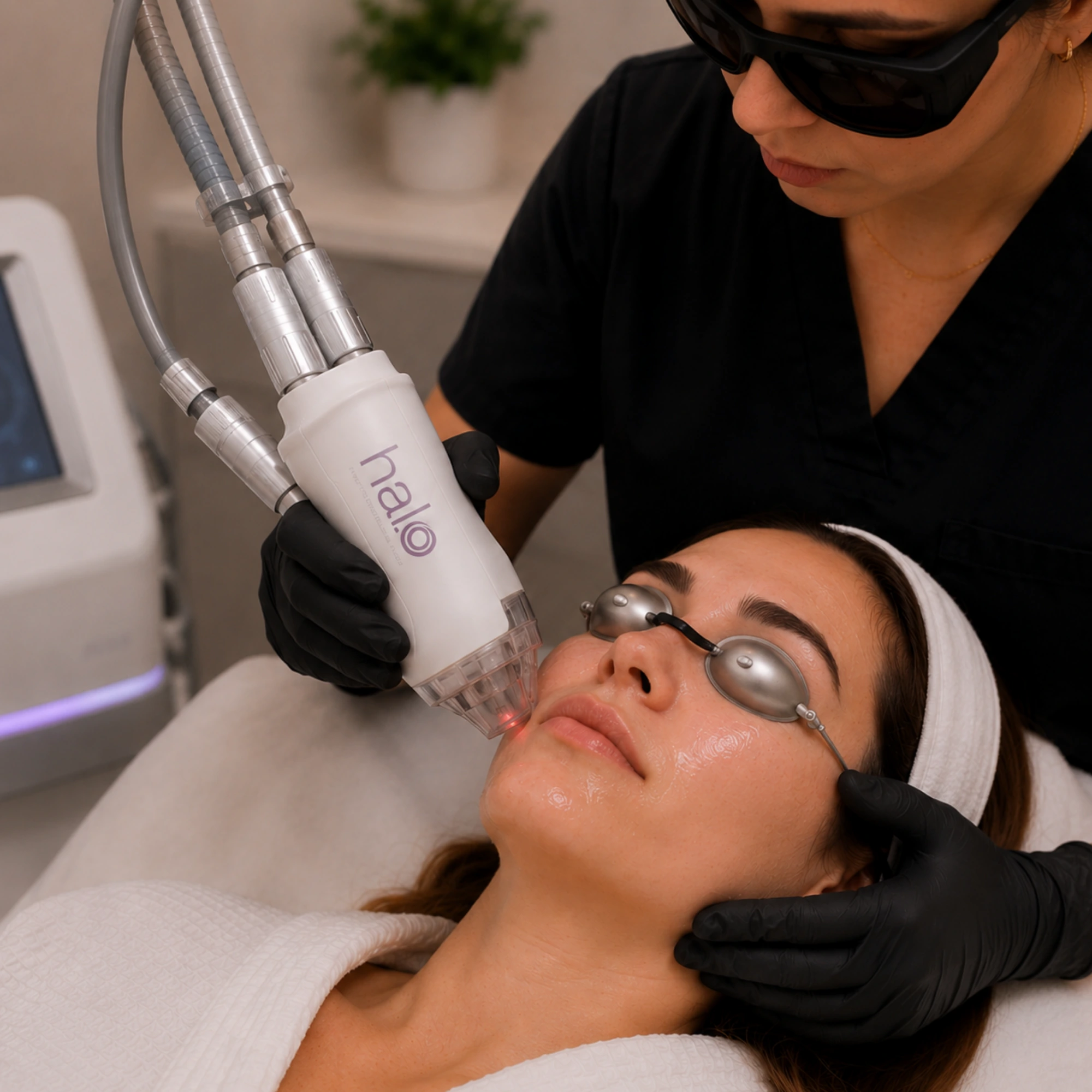 HALO® laser treatment in progress, targeting the lower face to improve skin texture, tone, and overall skin quality.