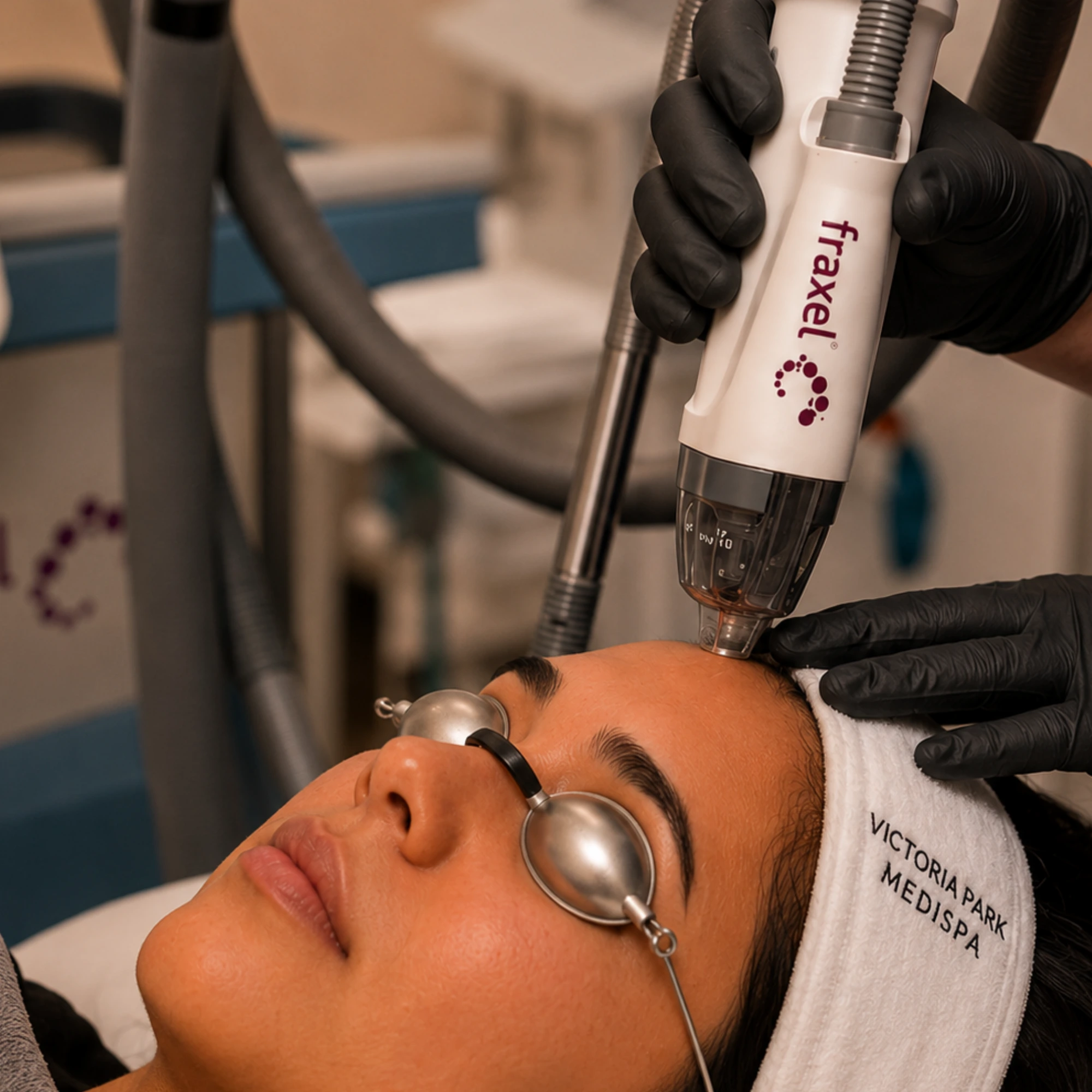 Close-up of a Fraxel® non-ablative laser handpiece treating the forehead during a skin resurfacing and rejuvenation procedure.