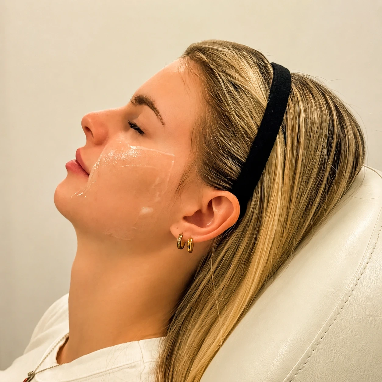 Patient preparing for skin booster injections with topical anesthetic applied before facial skin rejuvenation treatment.