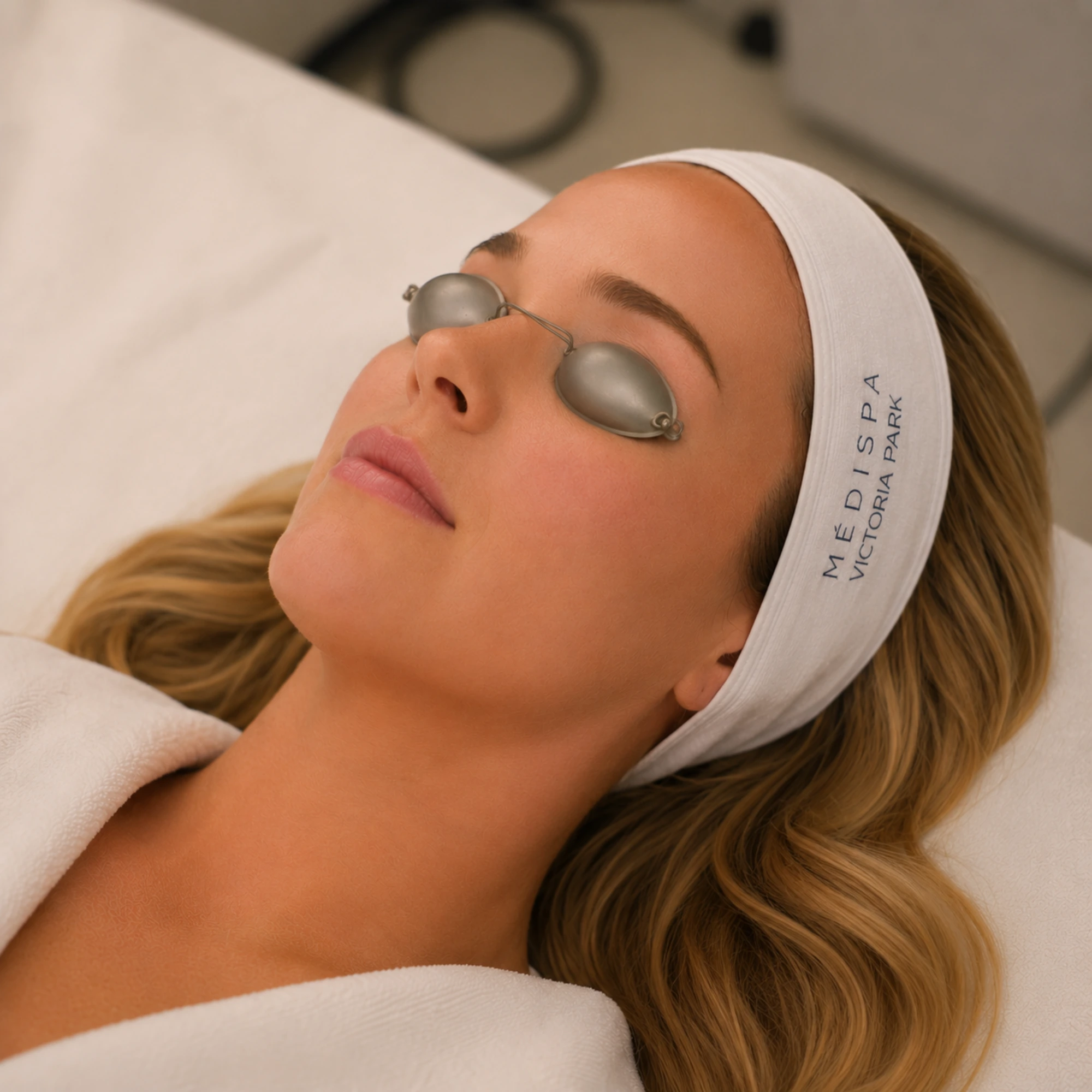 Patient wearing protective metal eye shields and a Victoria Park Medispa headband, prepared for a laser treatment