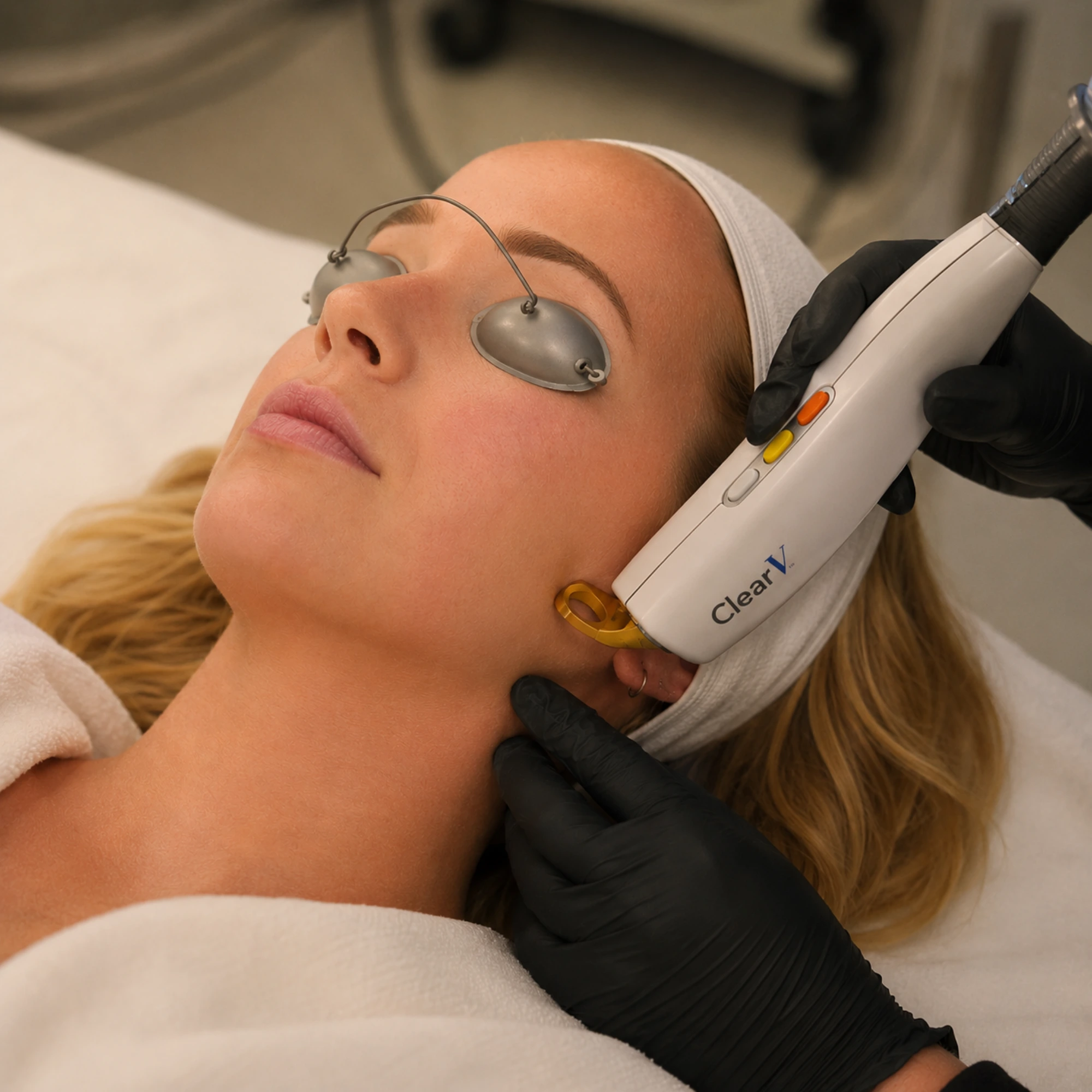 ClearV laser treatment performed along the jawline to target visible blood vessels, facial redness, and vascular skin concerns while preserving the surrounding tissue.