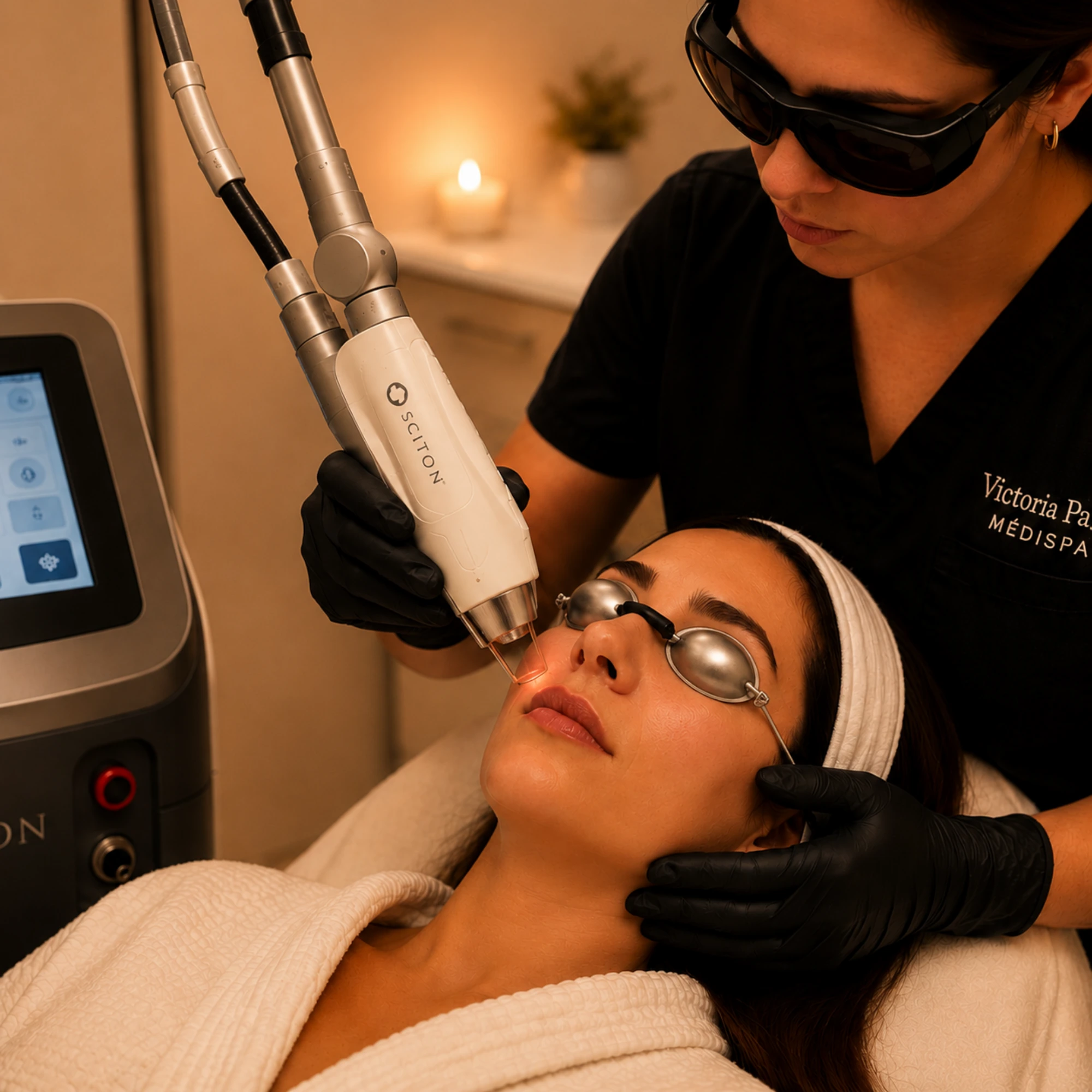 Provider performing an ablative laser resurfacing treatment with a Sciton ProFractional laser to improve skin texture, wrinkles, scars, and sun damage.