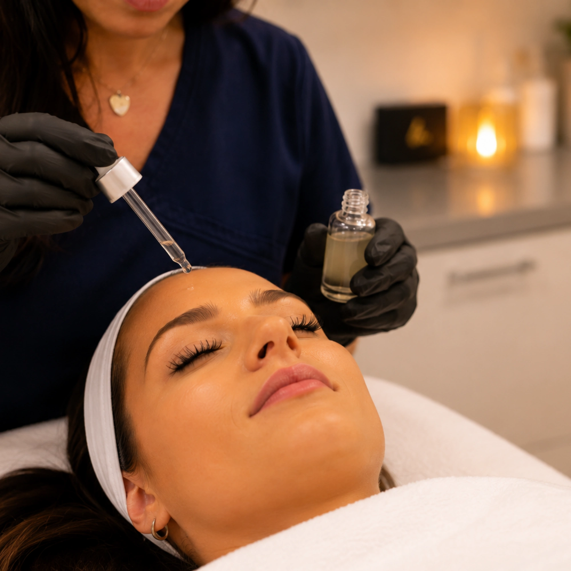 Patient receiving topical exosome therapy after a fractional CO2 laser treatment to support skin healing, stimulate collagen production, and enhance skin rejuvenation in a medical aesthetics clinic.