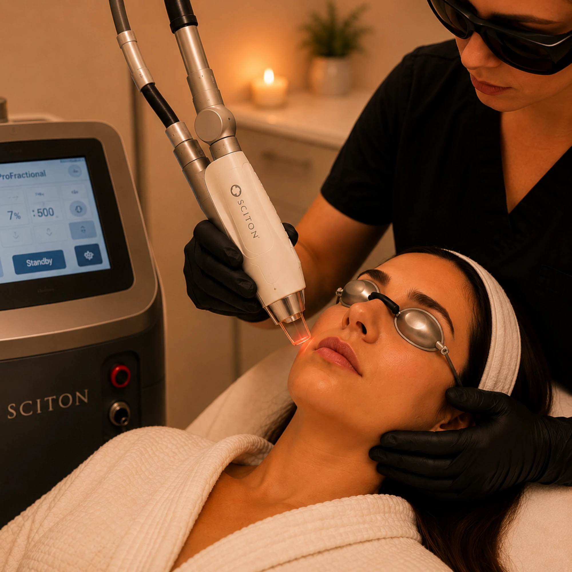 Ablative laser resurfacing treatment using Sciton ProFractional technology to stimulate collagen production, smooth skin texture, and reduce wrinkles and scars.