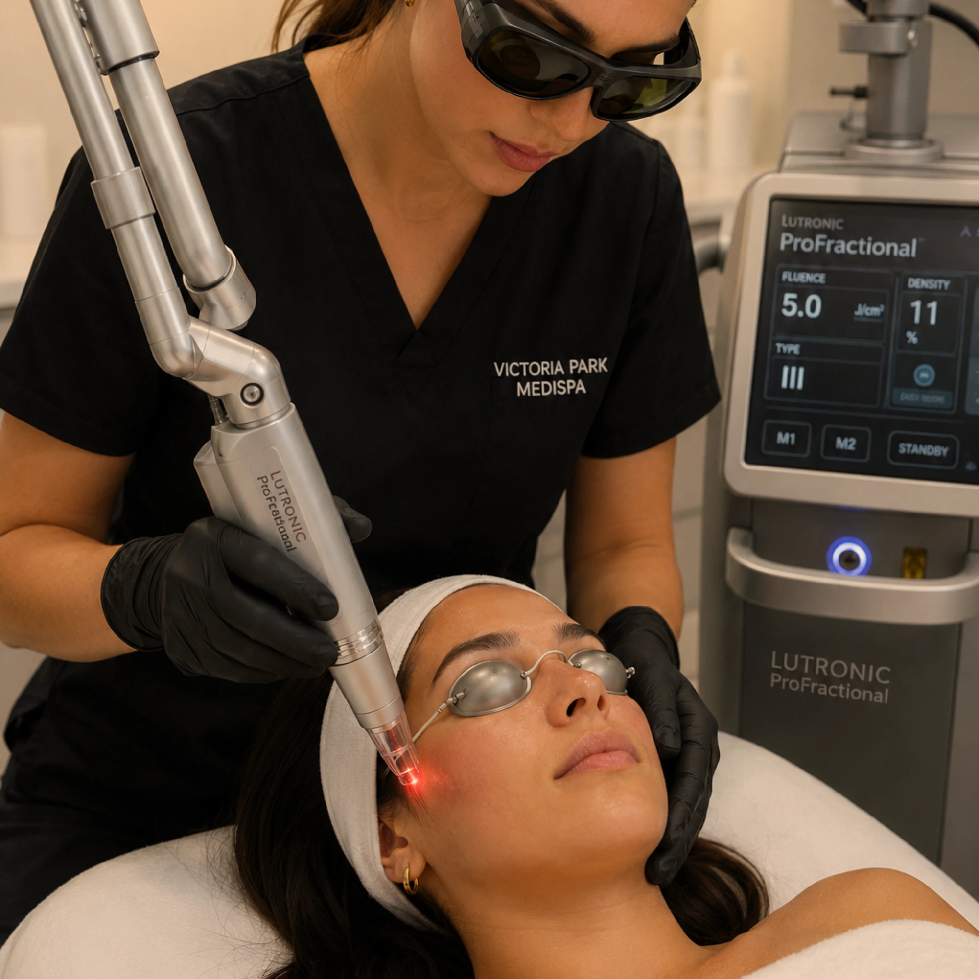 Provider wearing black gloves and protective laser safety glasses performing a ProFractional Erbium:YAG laser skin resurfacing treatment on a female patient wearing metal ocular shields in a modern medical aesthetics clinic.