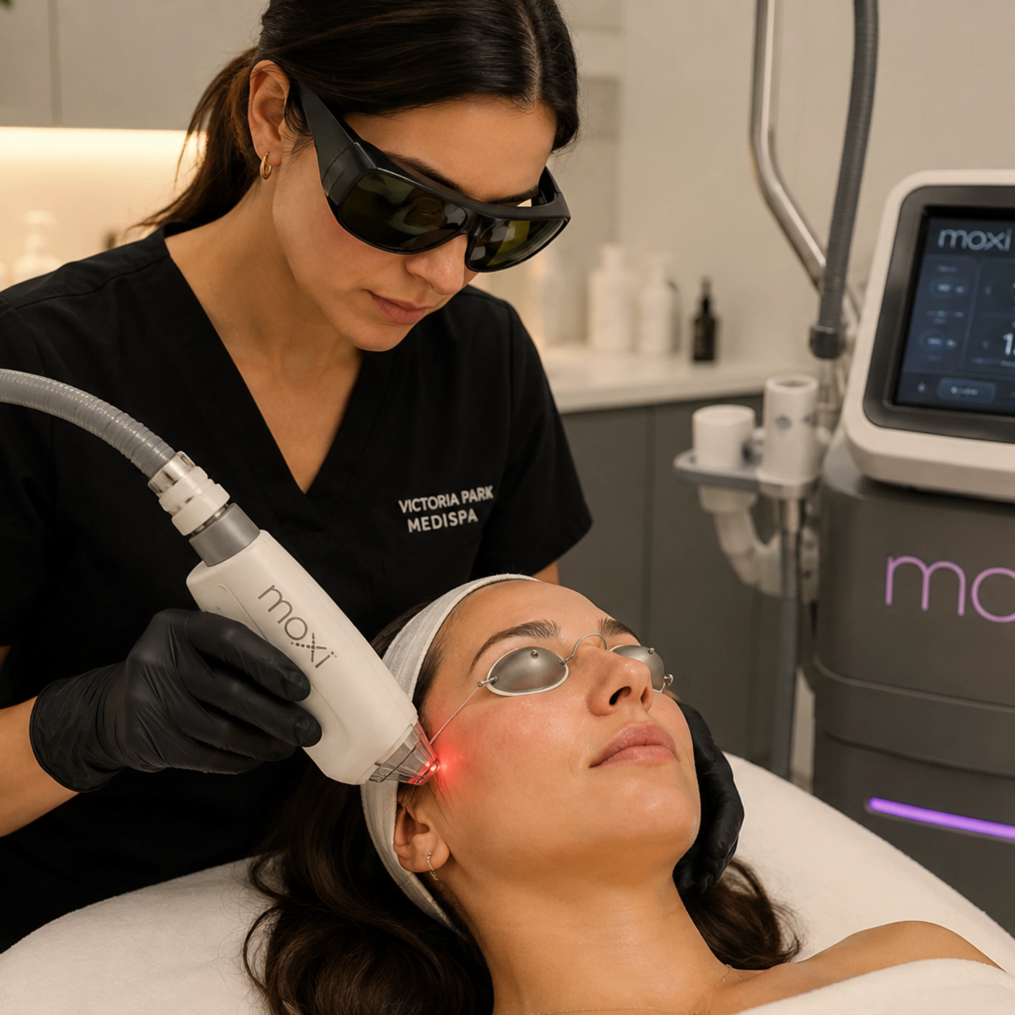Provider wearing black gloves and protective laser safety glasses performing a Moxi® laser skin rejuvenation treatment on a female patient wearing metal ocular shields in a modern medical aesthetics clinic. The Moxi handpiece is applied to the cheek to stimulate cellular renewal, improve skin texture, and promote a brighter, more even complexion.