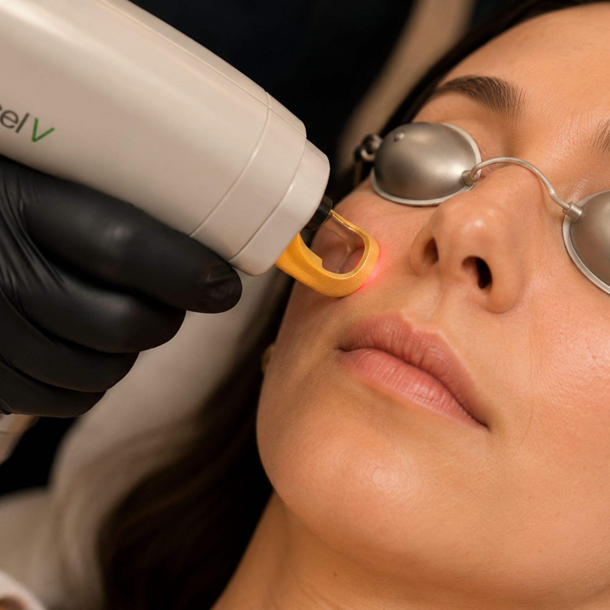 Close-up of an Excel V™ laser treatment being performed on a woman's cheek near the nose. The patient wears metal protective eye shields while the provider, wearing black gloves, applies the Excel V™ laser handpiece with its cooling tip to target visible vascular or pigmented lesions in a modern medical aesthetics clinic.