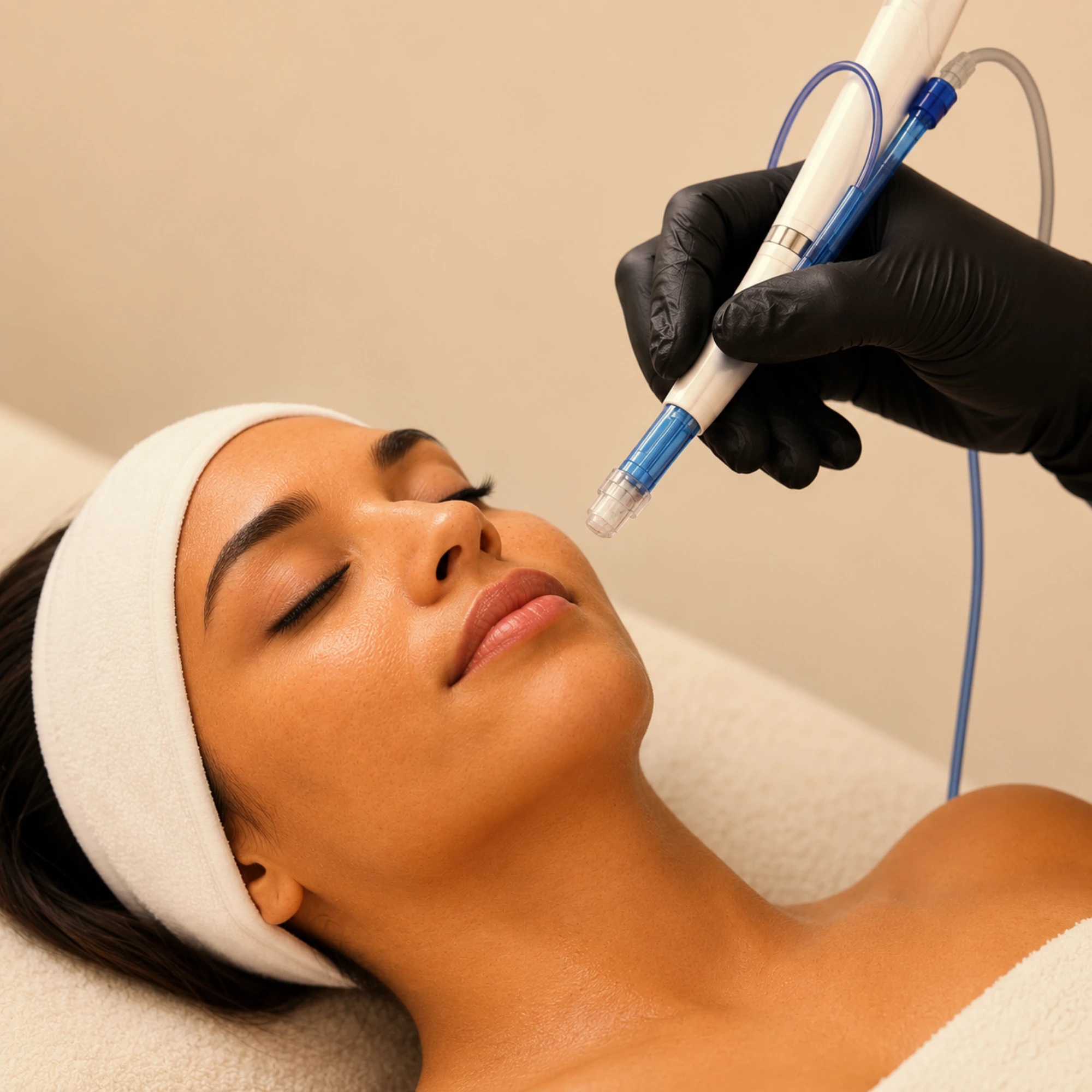 Patient undergoing a JetPeel skin rejuvenation treatment with a high-pressure jet technology device. The non-invasive facial treatment hydrates, exfoliates and revitalizes the skin in a professional medical aesthetics clinic.