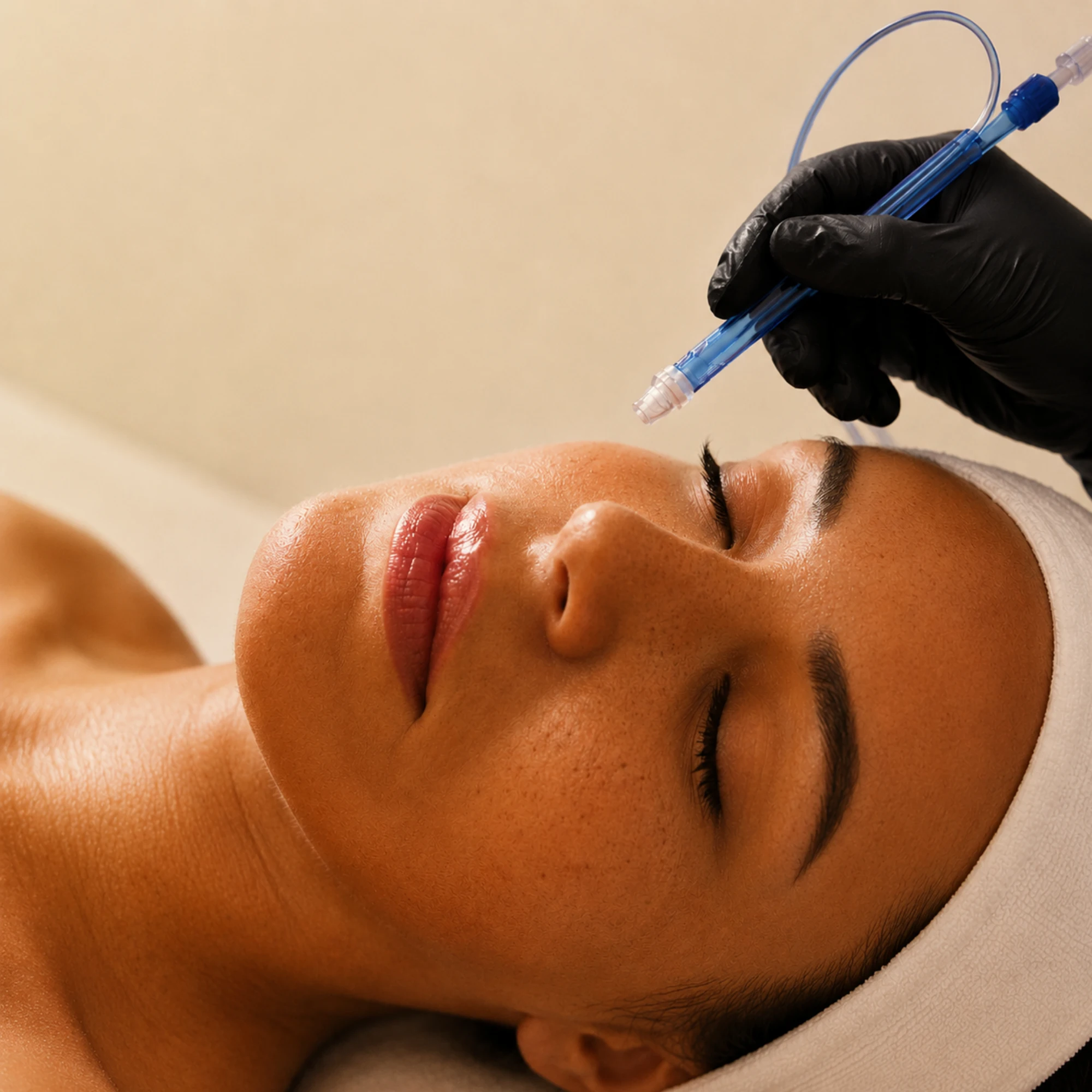 Close-up of a patient receiving a JetPeel facial treatment with a high-pressure jet technology device. A provider wearing black gloves performs the non-invasive skin rejuvenation treatment in a modern medical aesthetics clinic.